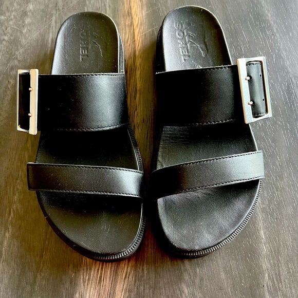 Sorel Shoes - Like New Sorel 6.5M Chunky Black 2 Strap Leather Slides